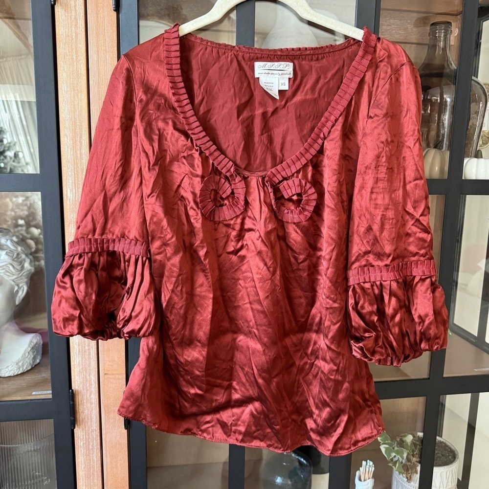 Vintage blouse top silk ruffles rosettes rust copper 3/4 long sleeve scoop Y2K - Picture 8 of 8